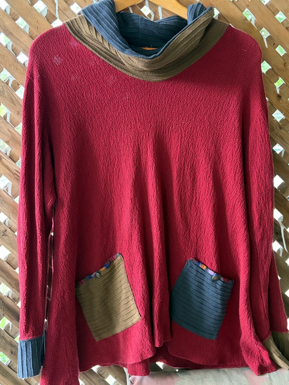 Margaret Winters Cowl Neck Textured Sweater Color Block Pockets Red Tan Blue